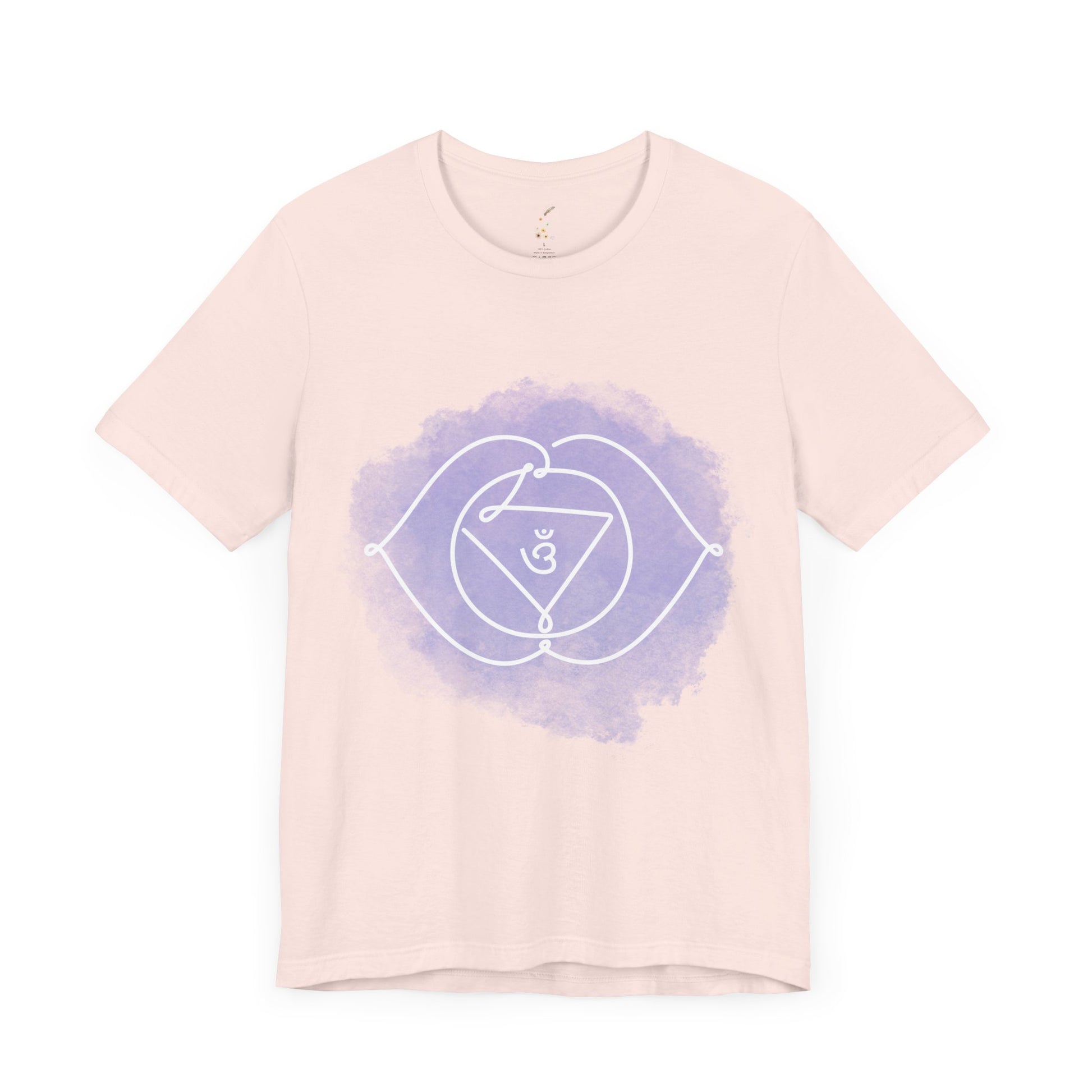 Soft pink t-shirt with Ajna Chakra design for clarity and perception.