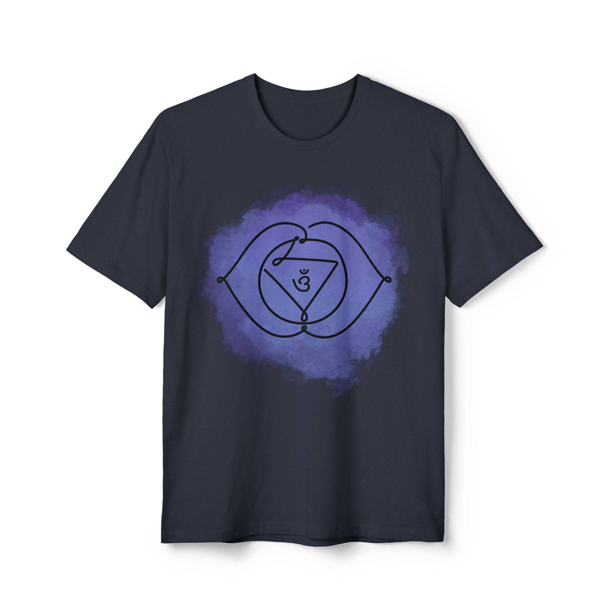 Model wearing the Ajna Chakra T-Shirt ECO-friendly Unisex during yoga, aligning mind and body with the spiritual energy of the Third Eye chakra.