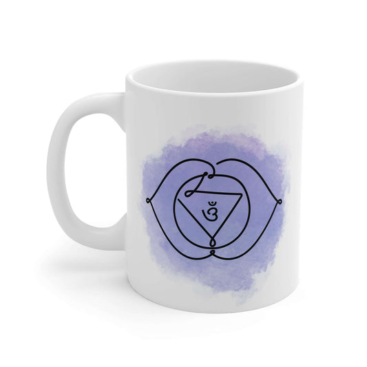 Front view of theWhite Ajna Chakra Mugg, 11oz white ceramic, ideal for coffee, tea, and mindful moments.