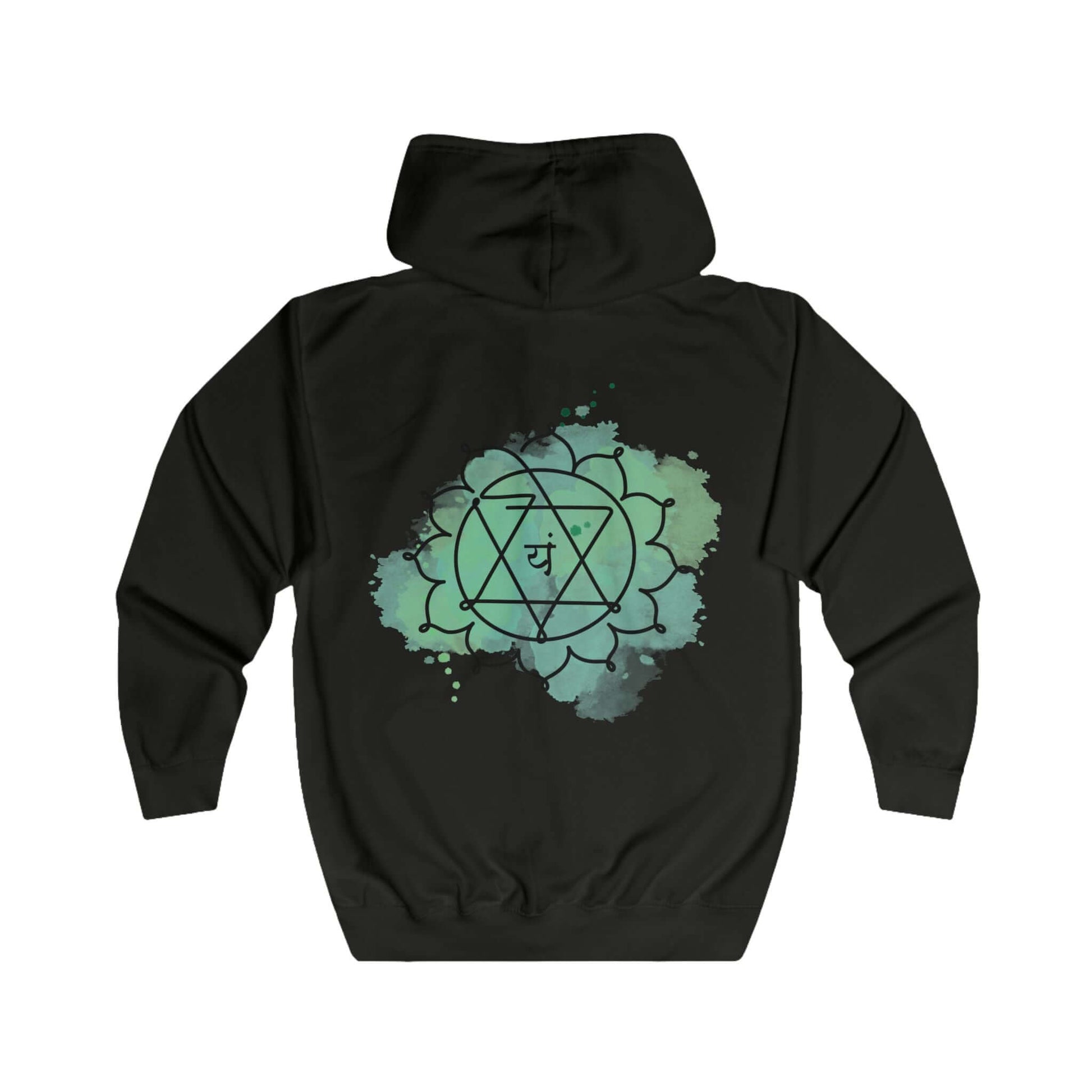 Back view of a black hoodie showcasing a vibrant Anahata chakra print. Stylish and spiritual, ideal for any occasion by Inkasis.