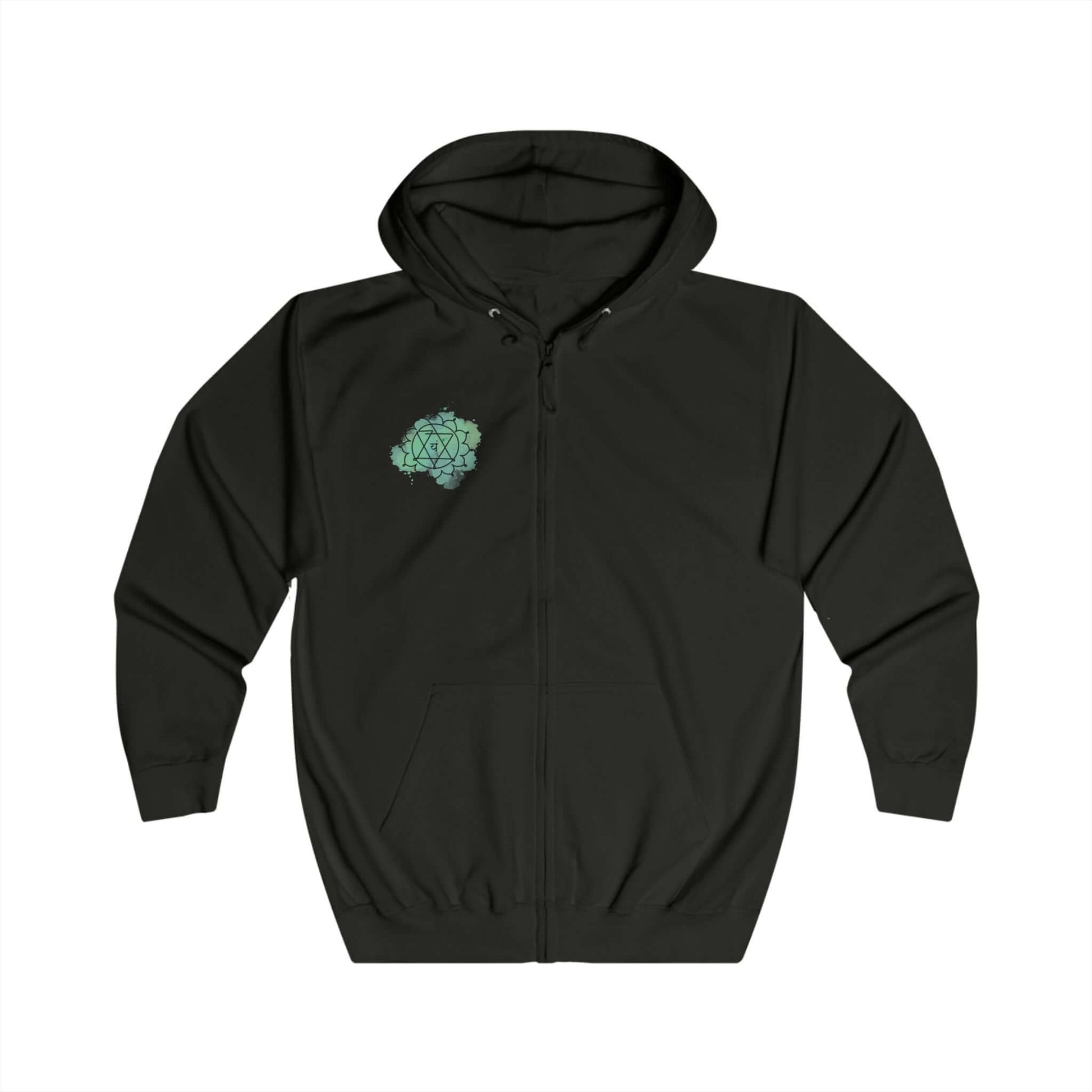  Front view of a black hoodie featuring a small Anahata chakra design. Sleek and unisex comfort by Inkasis.