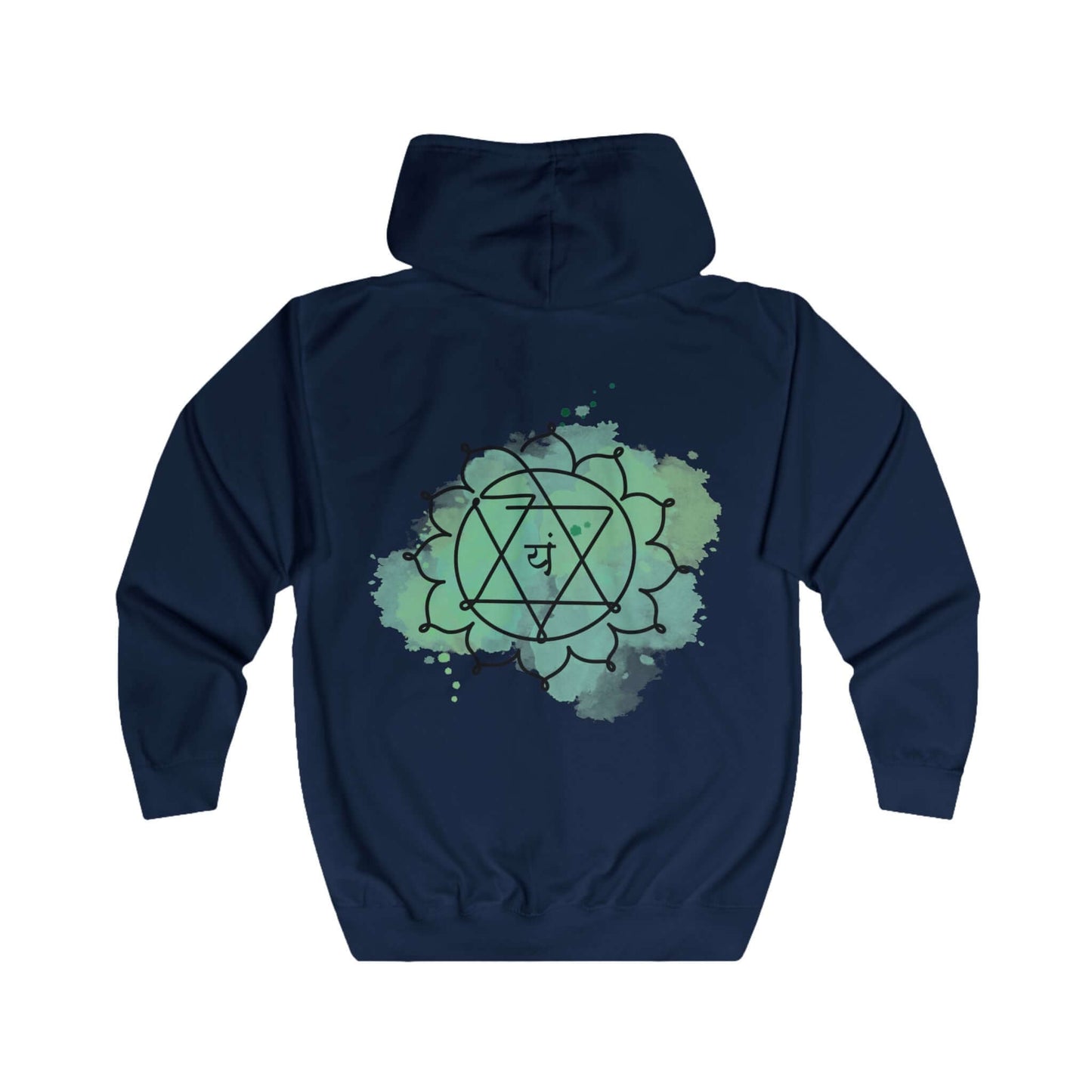 Back view of a navy-blue hoodie featuring a detailed Anahata chakra graphic. Casual elegance by Inkasis.