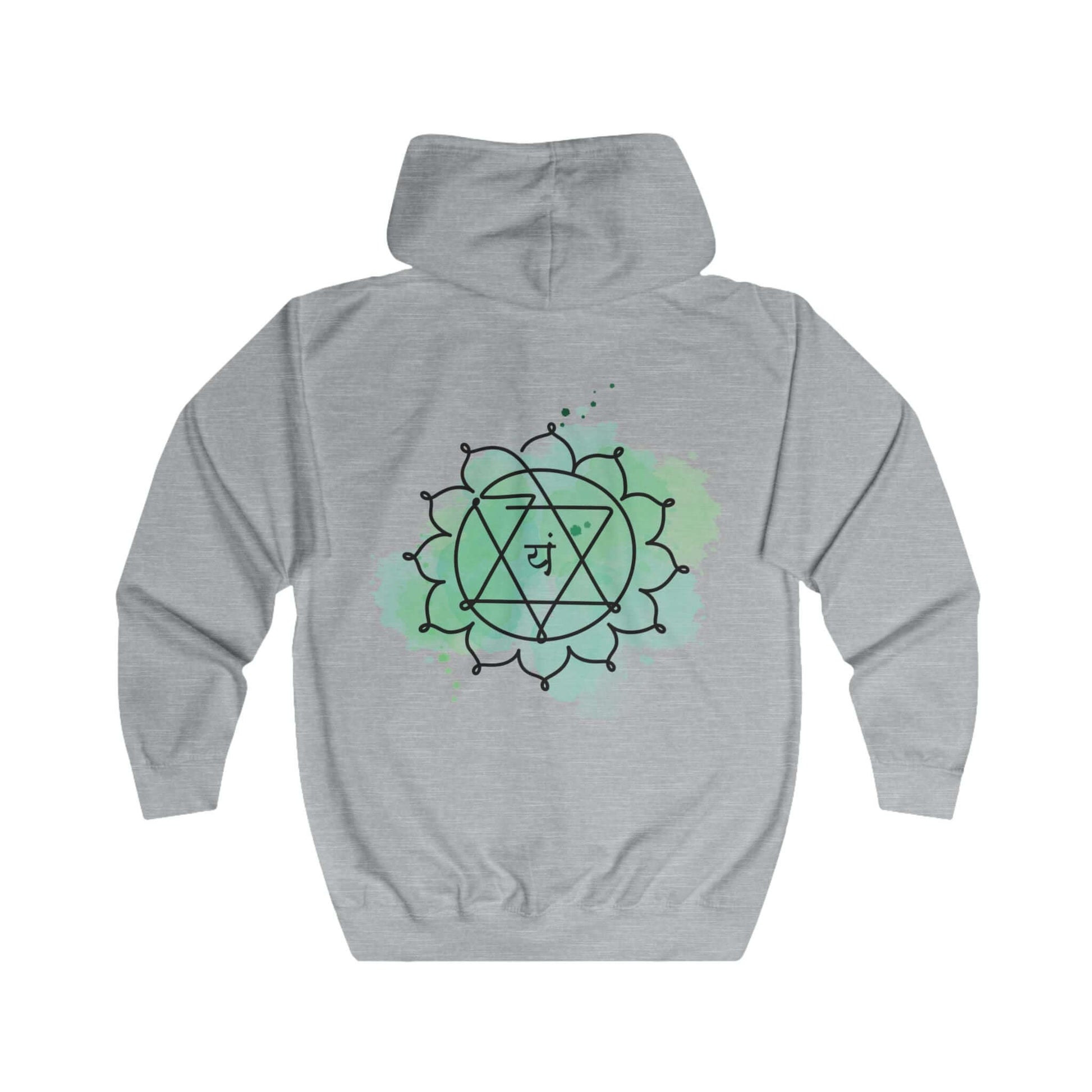 Back view of a gray hoodie featuring an intricate Anahata chakra print. Perfect for relaxation and spiritual connection by Inkasis.
