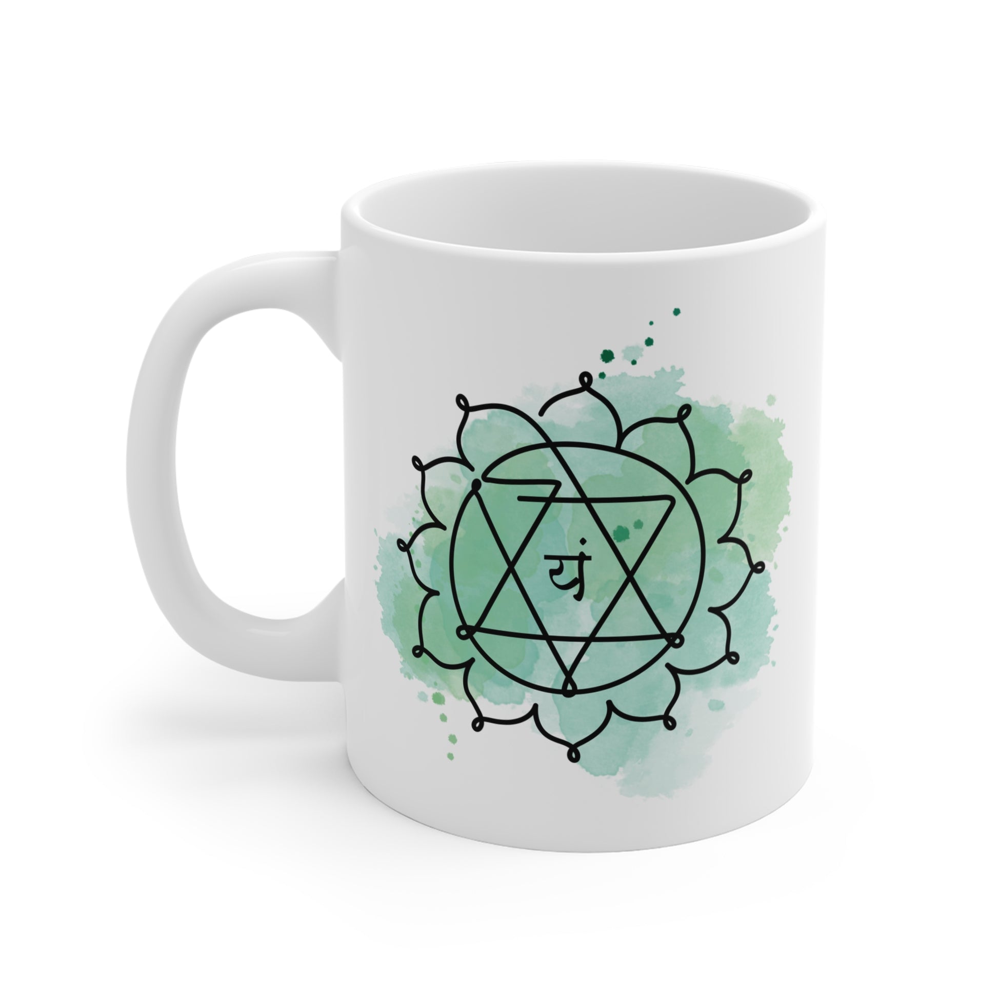  Close-up of Anahata (Heart) Chakra symbol sublimation print on white ceramic mug, 11oz.