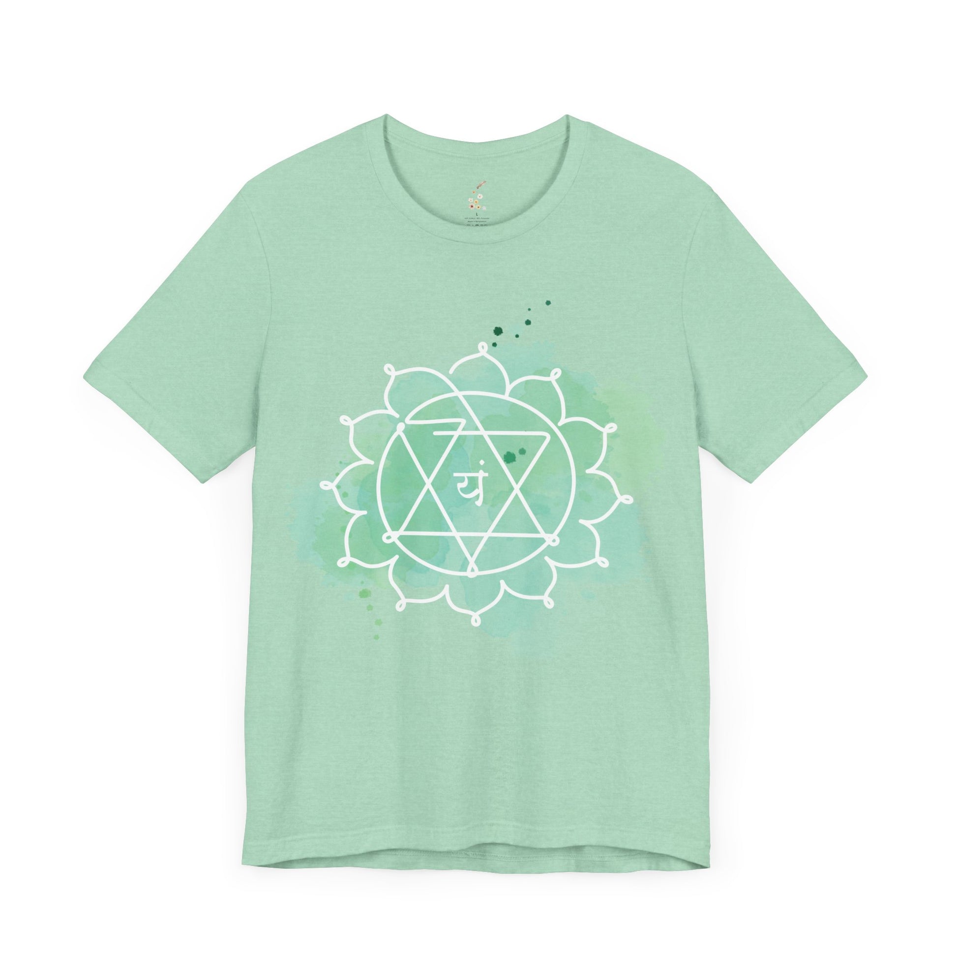  Heather mint Anahata Chakra t-shirt for love, compassion, and healing energy.
