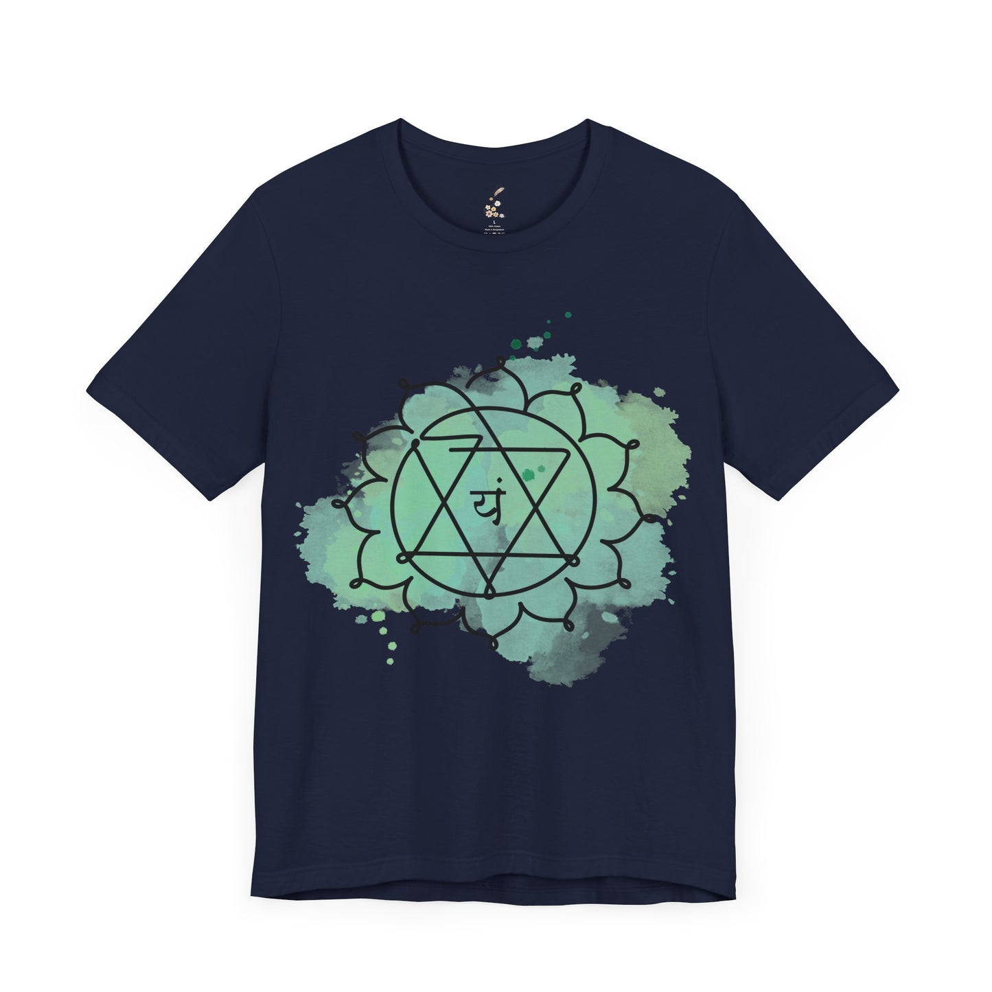 Navy Anahata Chakra t-shirt symbolizing healing and emotional balance.