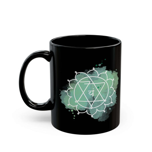  Black Ceramic Mug with Anahata Chakra Print promoting love and healing energy