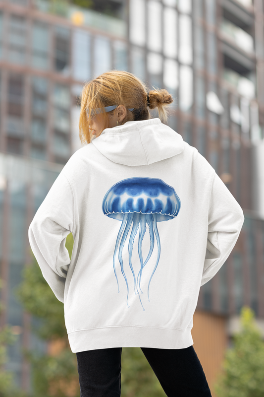 Arctic white hoodie showcasing a bold jellyfish print on the back, stylish and comfortable for any occasion.

