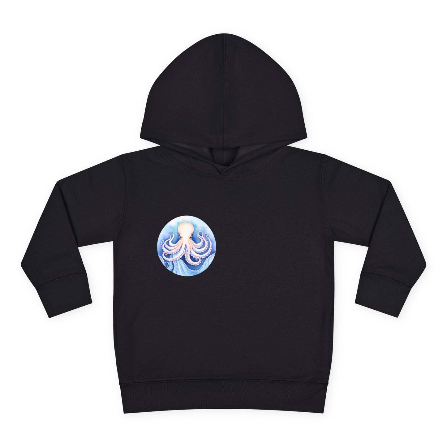 Black hoodie featuring a small octopus emblem on the chest, sleek and stylish for kids.