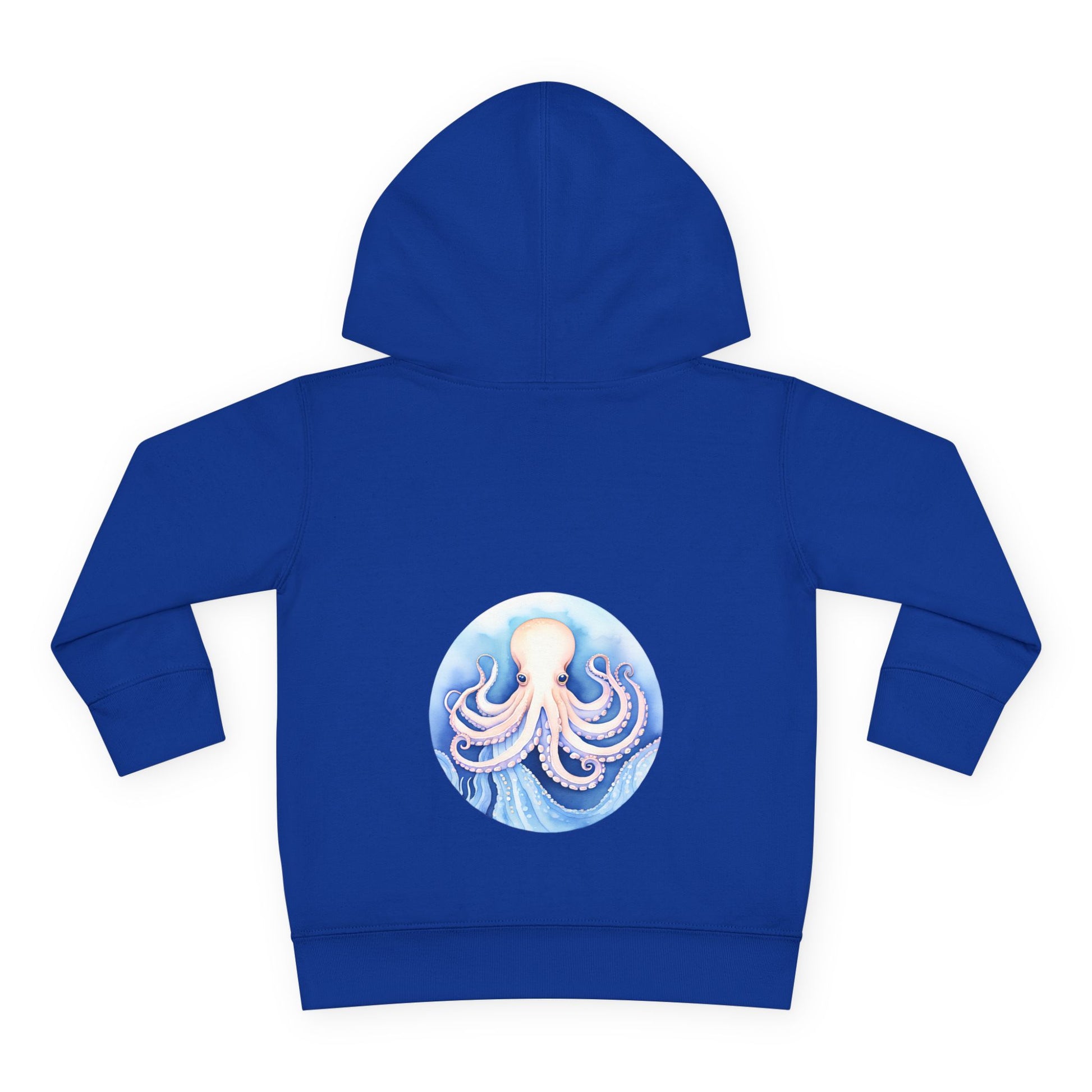  Blue hoodie with a large octopus illustration on the back, perfect for adventurous kids.
