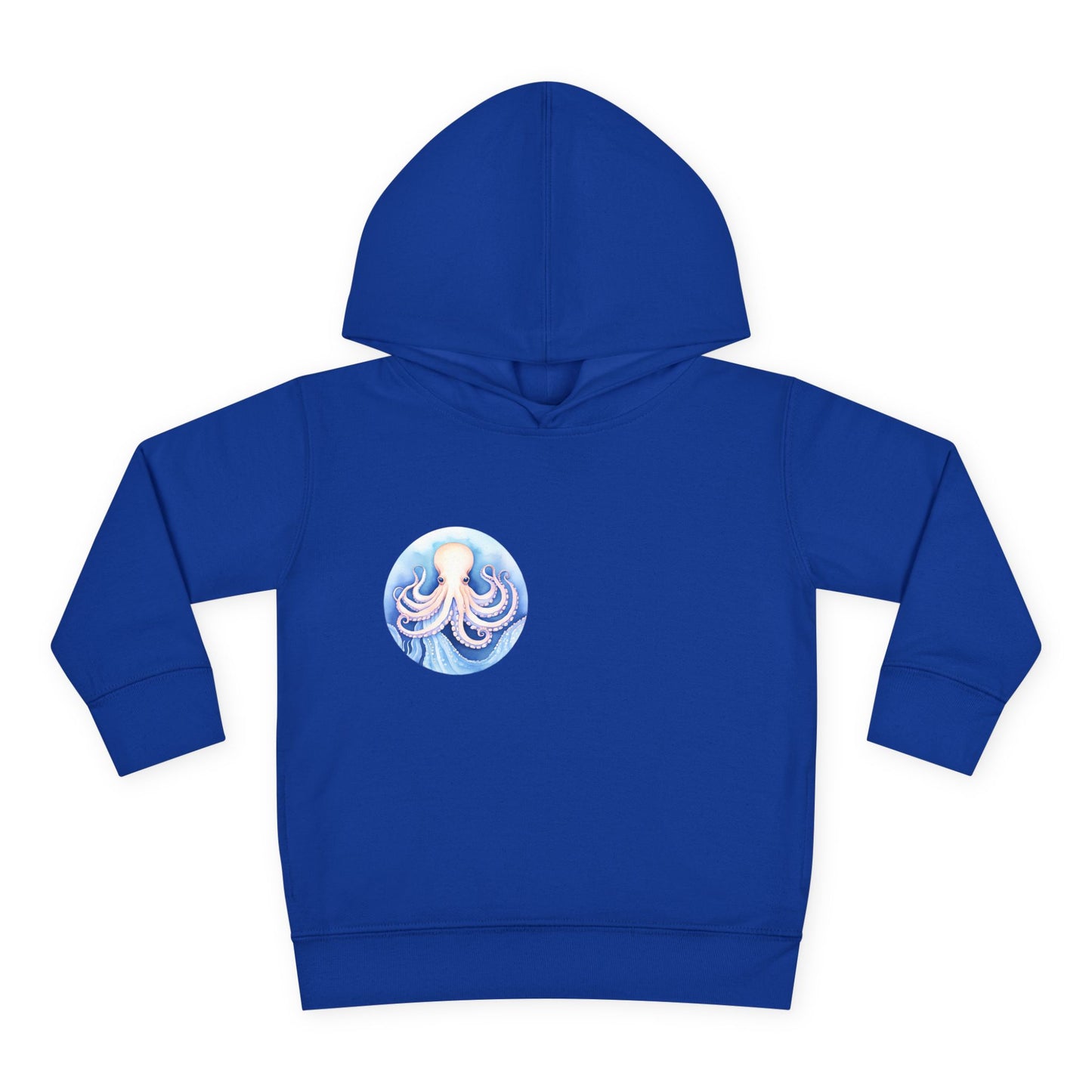 Blue hoodie with a small octopus symbol on the chest, soft and comfortable for kids.