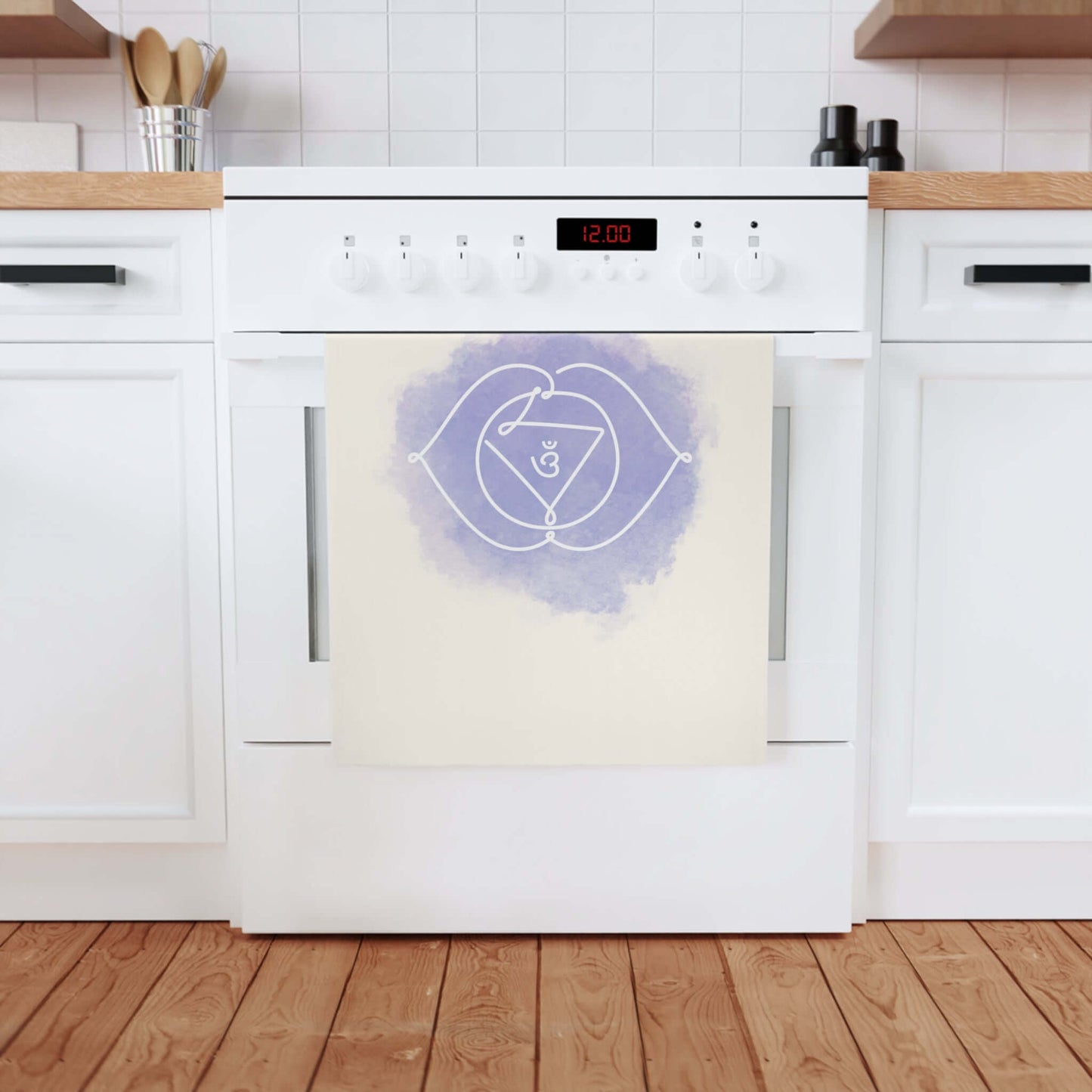 Organic cotton Ajna Chakra kitchen towel for spiritual balance and home mindfulness.
