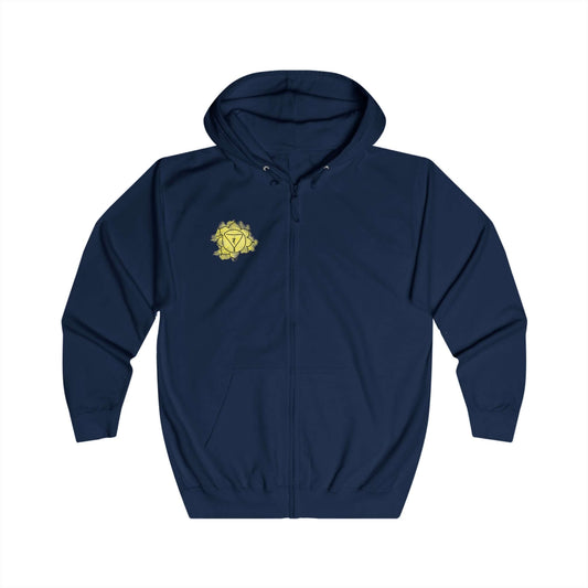 Front view of a navy-blue Manipura Solar Plexus Chakra Hoodie featuring a subtle chakra emblem. Stylish and meaningful by Inkasis