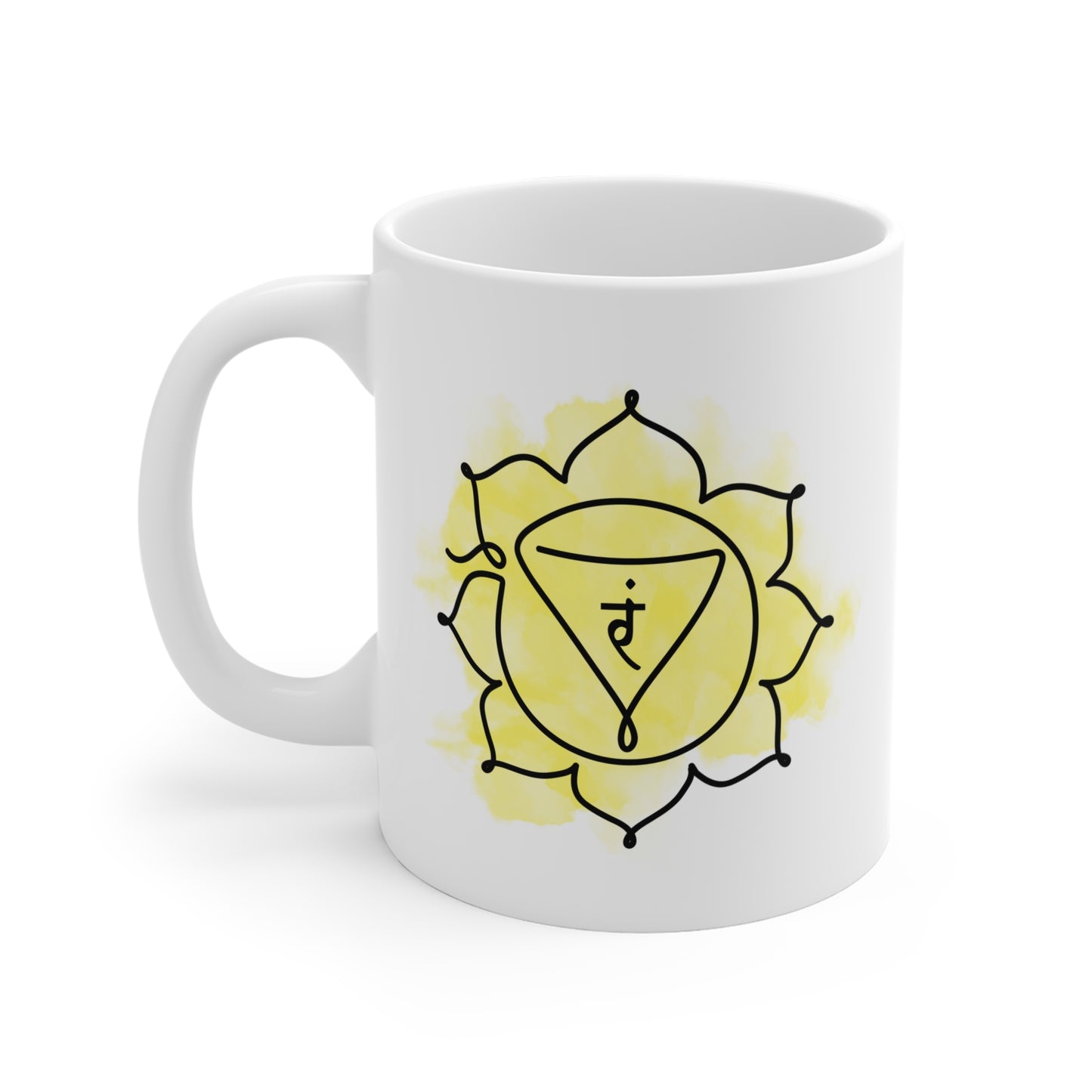 White ceramic Manipura Chakra mug, 11oz, with Solar Plexus chakra design, perfect for coffee or tea