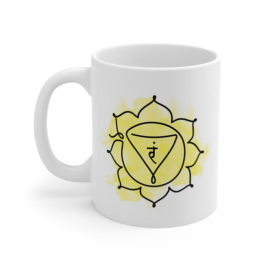 White ceramic Manipura Chakra mug, 11oz, with Solar Plexus chakra design, perfect for coffee or tea