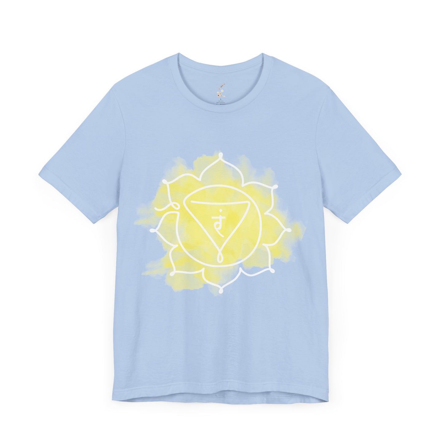 Baby blue Manipura Chakra t-shirt emphasizing balance and energy.