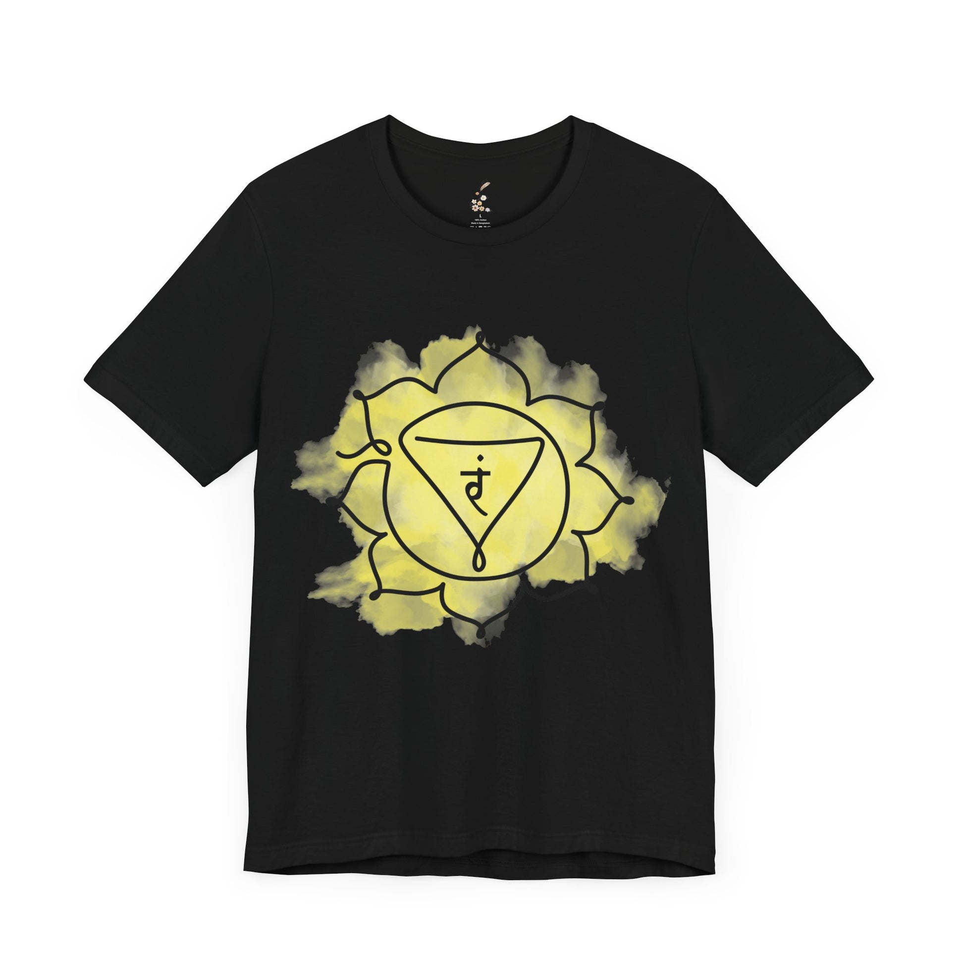 Black Manipura Chakra t-shirt featuring the solar plexus symbol for willpower.