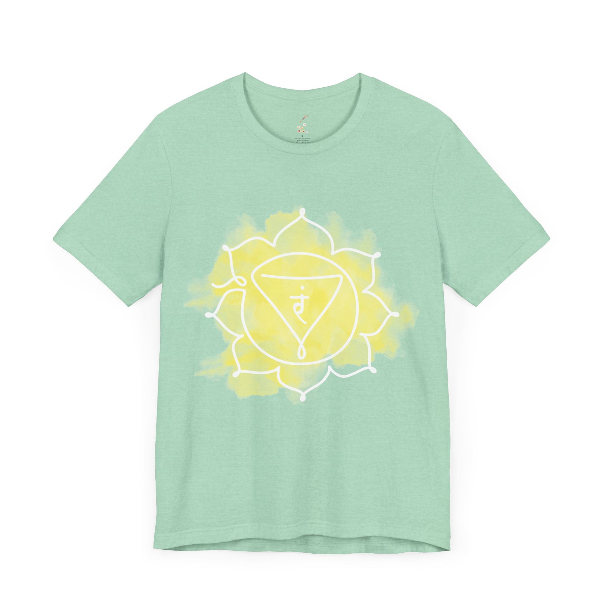 Black Manipura Chakra t-shirt featuring the solar plexus symbol for willpower.