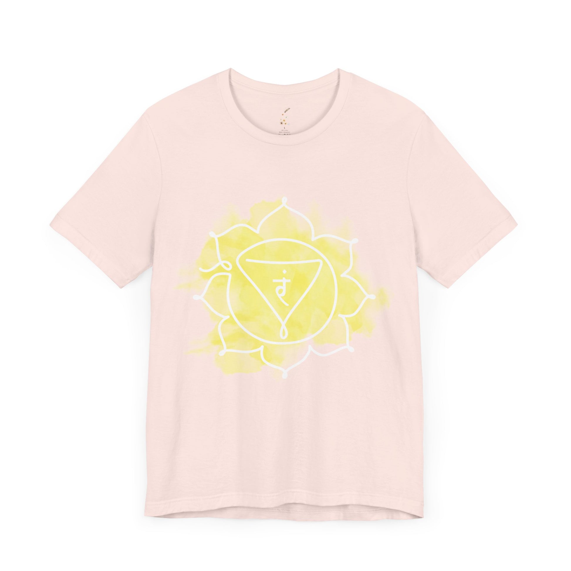 Soft pink t-shirt with the Manipura Chakra design for energy and strength.