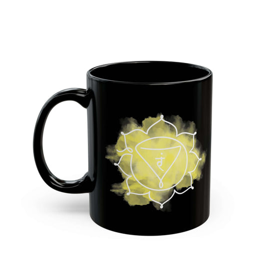 Black Ceramic Mug with Manipura Chakra Design  to promote confidence.