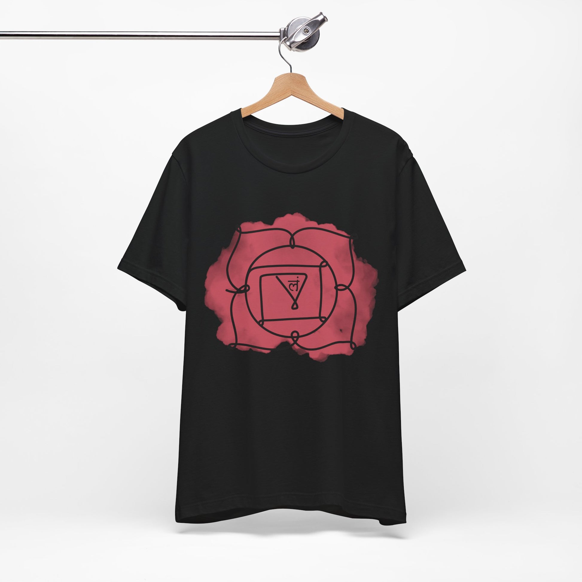 Muladhara Chakra t-shirt by Inkasis for European markets, representing grounding, stability, and connection to the earth.