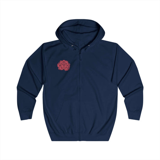 Front view of a navy-blue Muladhara Root Chakra Hoodie for Balance & Comfort, featuring a subtle chakra emblem. Modern and versatile by Inkasis.