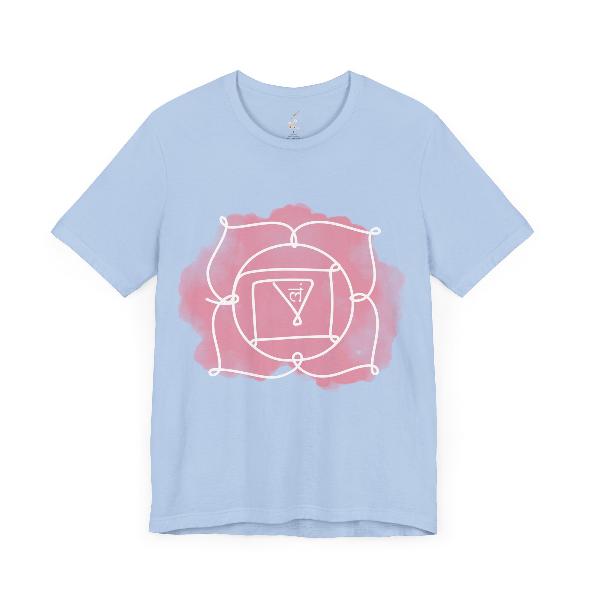  Baby blue Muladhara Chakra t-shirt emphasizing stability and grounding.