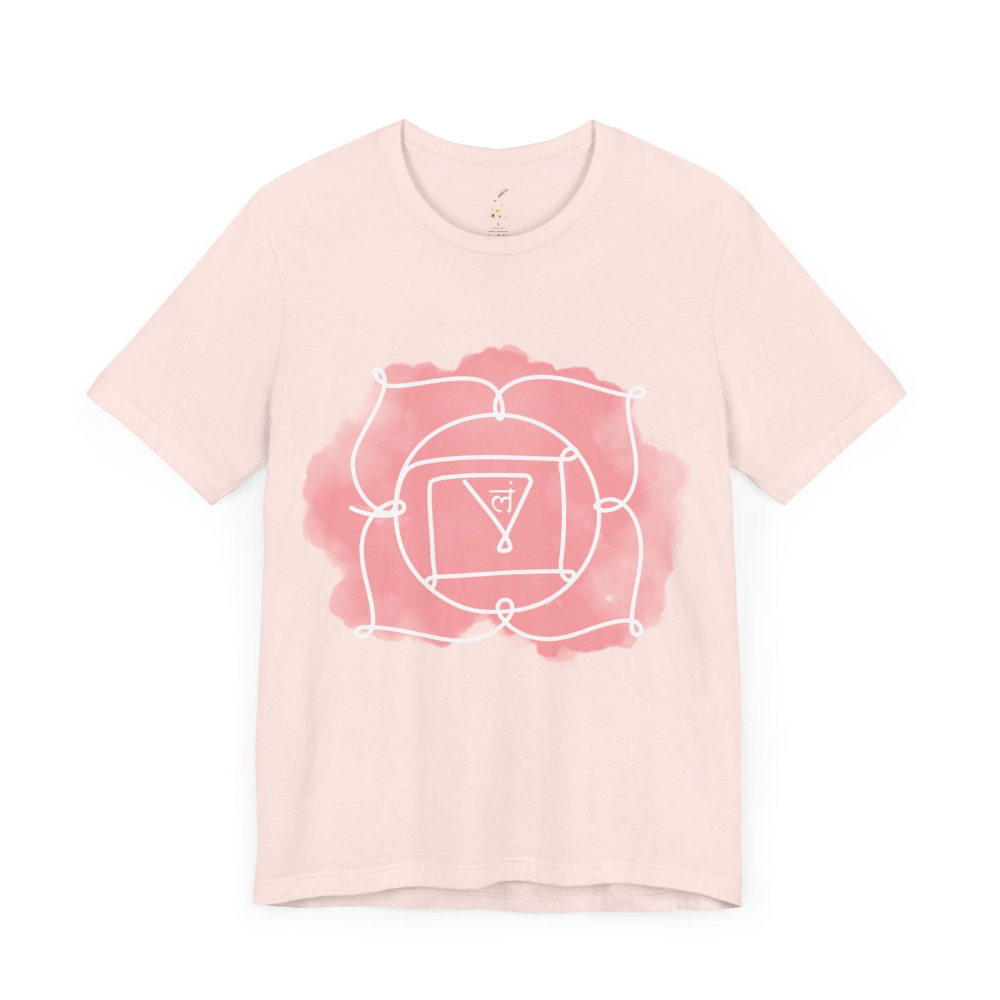 Soft pink Muladhara Chakra t-shirt for foundational energy and balance.