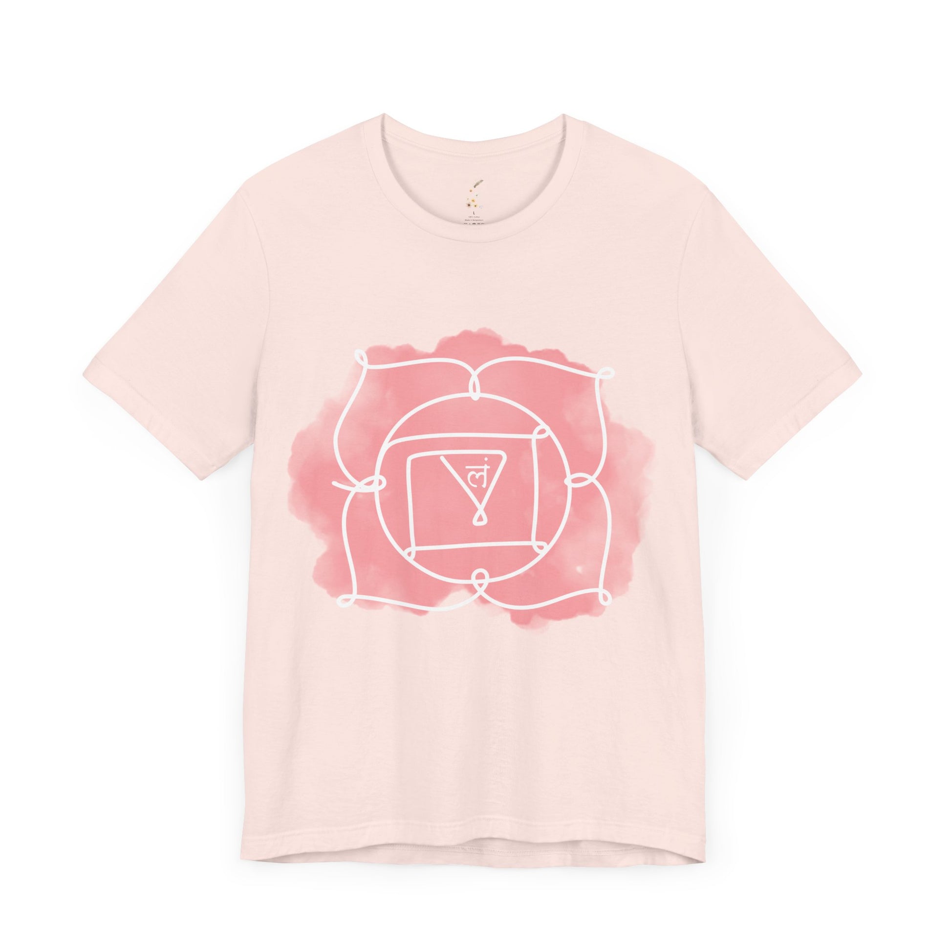 Soft pink Muladhara Chakra t-shirt for foundational energy and balance.