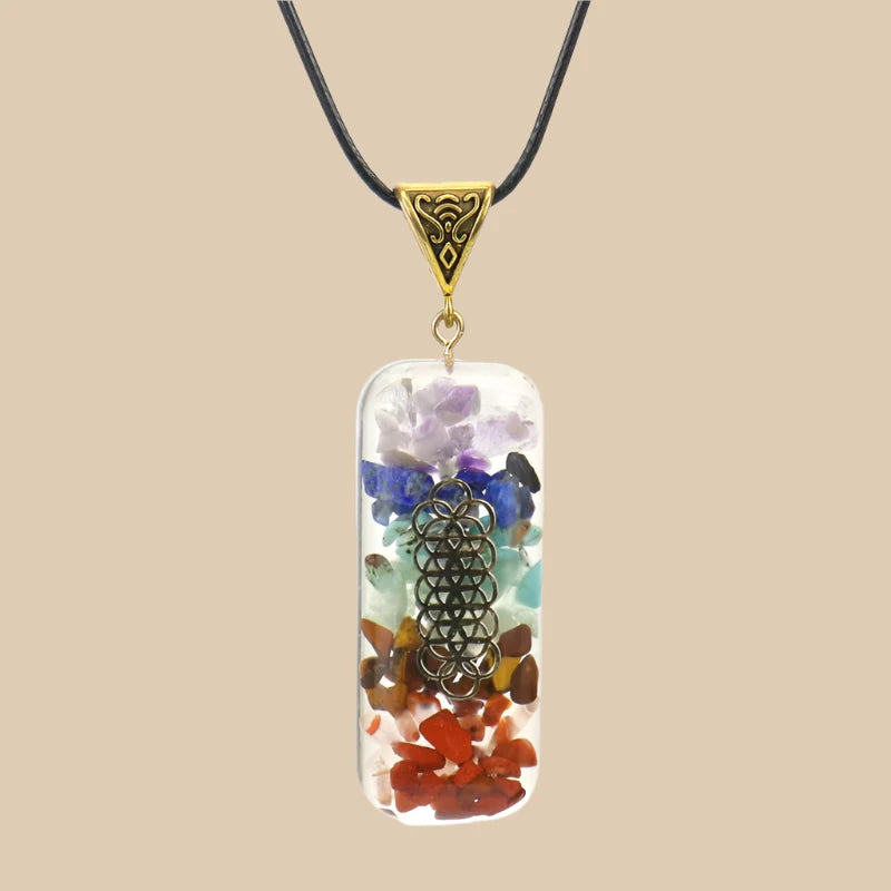 Detailed view of the Reiki healing properties of the chakra stones in the necklace 