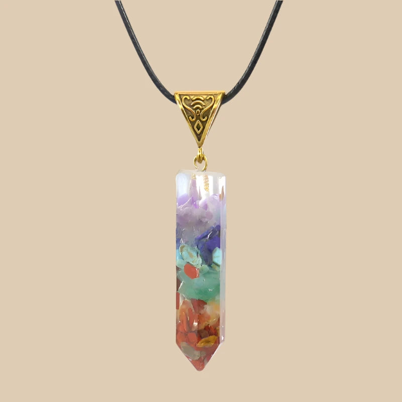 Colorful chakra stones arranged in a stunning necklace design, ideal fo meditation and yoga.