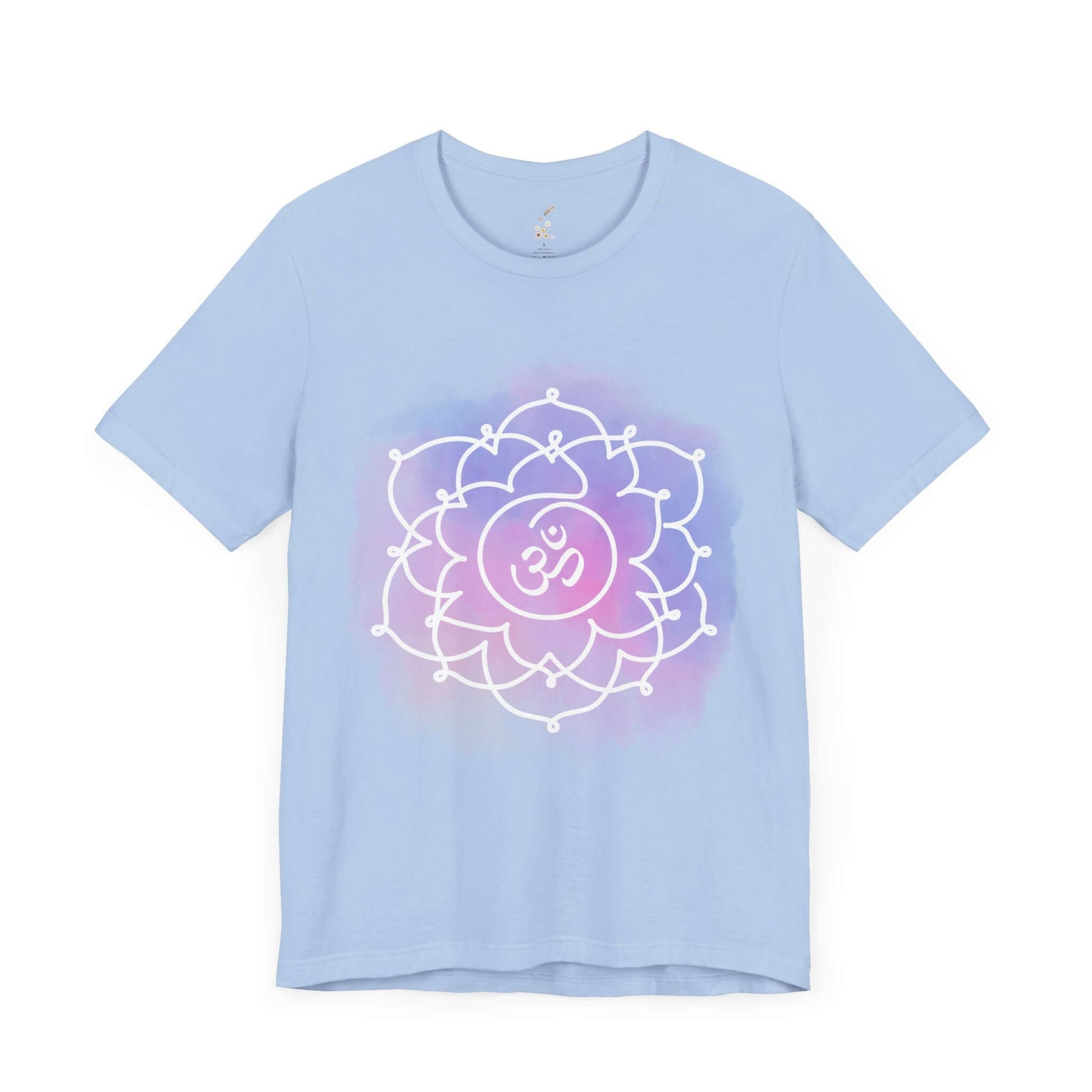 Baby blue Sahasrara Chakra t-shirt by Inkasis for spiritual growth and enlightenment, perfect for the European market.