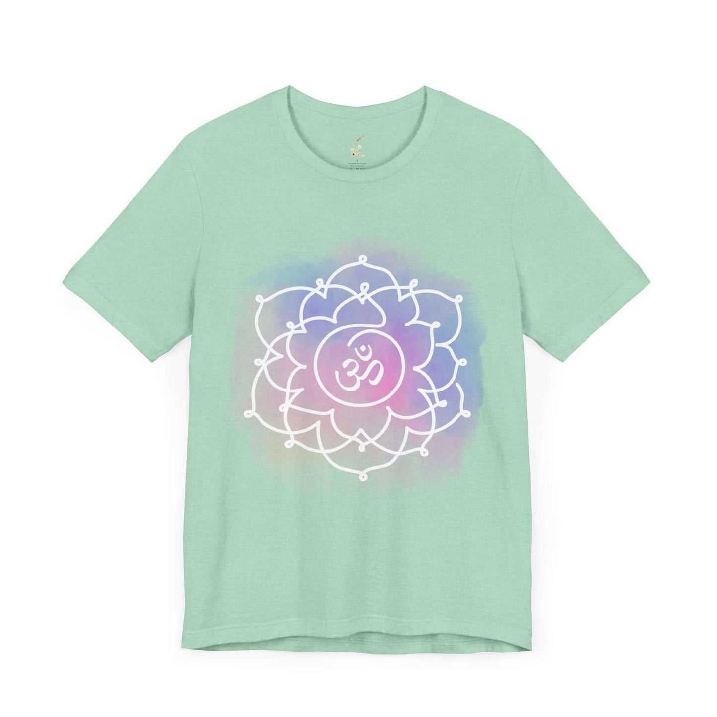 Heather mint t-shirt with Sahasrara Chakra design by Inkasis, symbolizing peace and spiritual awakening, available for European shoppers.
