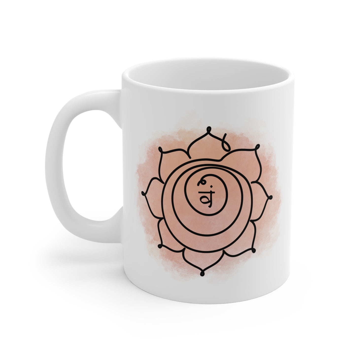 Front view of Svadhisthana Chakra Mug in white ceramic, 11oz, perfect for coffee, tea, and hot beverages.