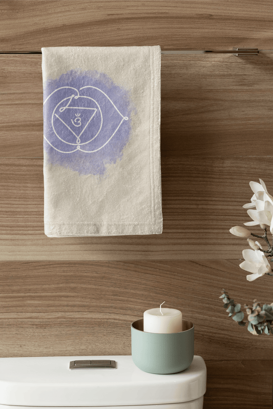Third Eye Chakra hand towel featuring the Ajna symbol, enhancing intuition and insight, elegantly placed in a modern bathroom.