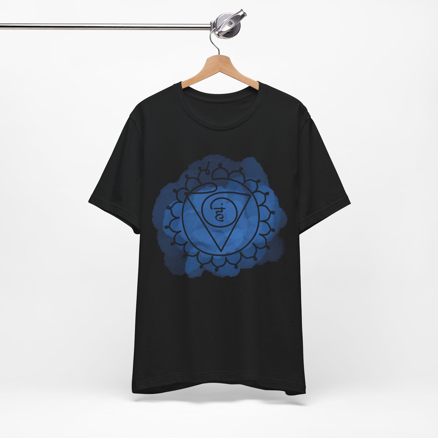 Vishuddha Chakra t-shirt by Inkasis for European markets, symbolizing open communication and self-expression.