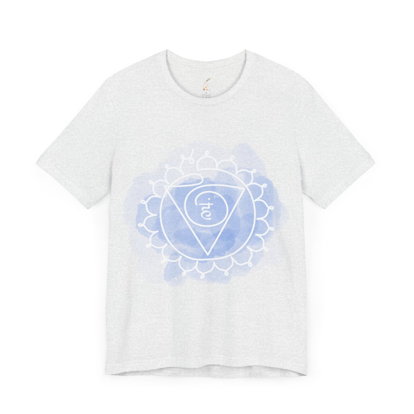 Ash gray Vishuddha Chakra t-shirt promoting clear and authentic expression.