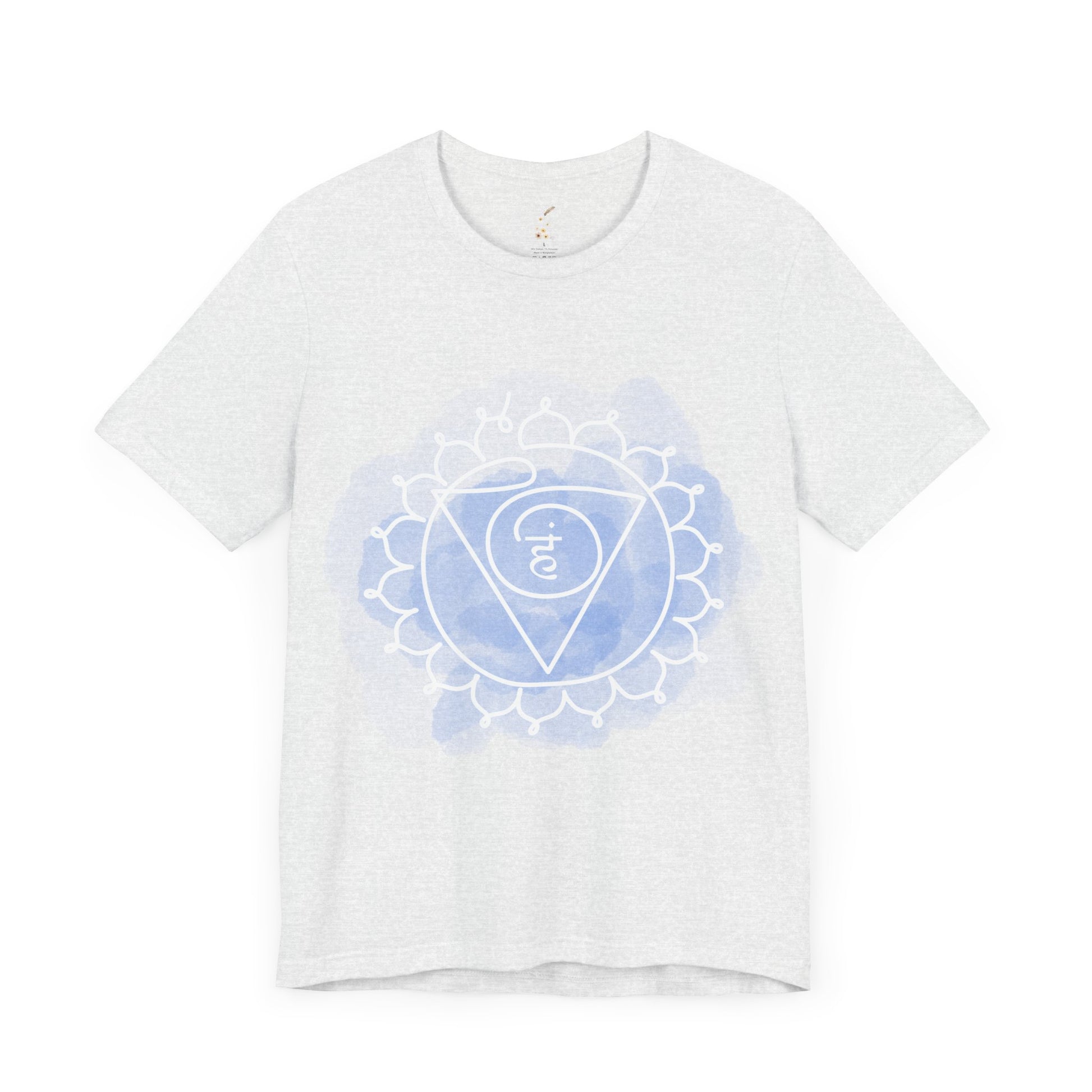 Ash gray Vishuddha Chakra t-shirt promoting clear and authentic expression.