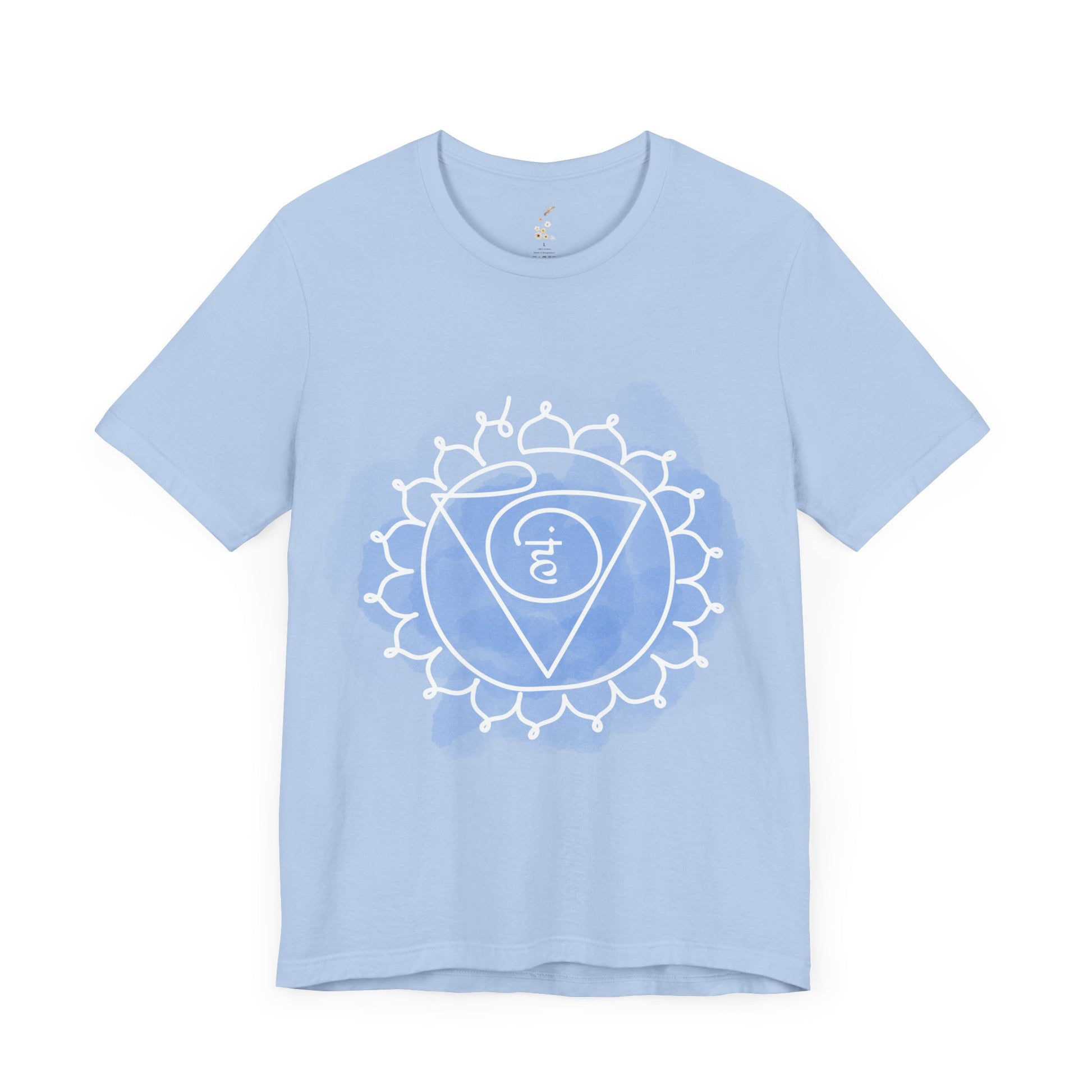  Baby blue Vishuddha Chakra t-shirt representing communication, expression, and authenticity.