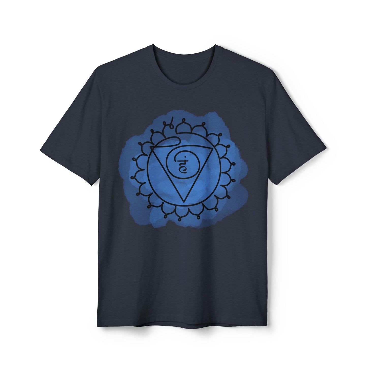 Close-up of the Throat Chakra (Vishuddha) design on the sustainable recycled t-shirt, promoting authenticity and communication.