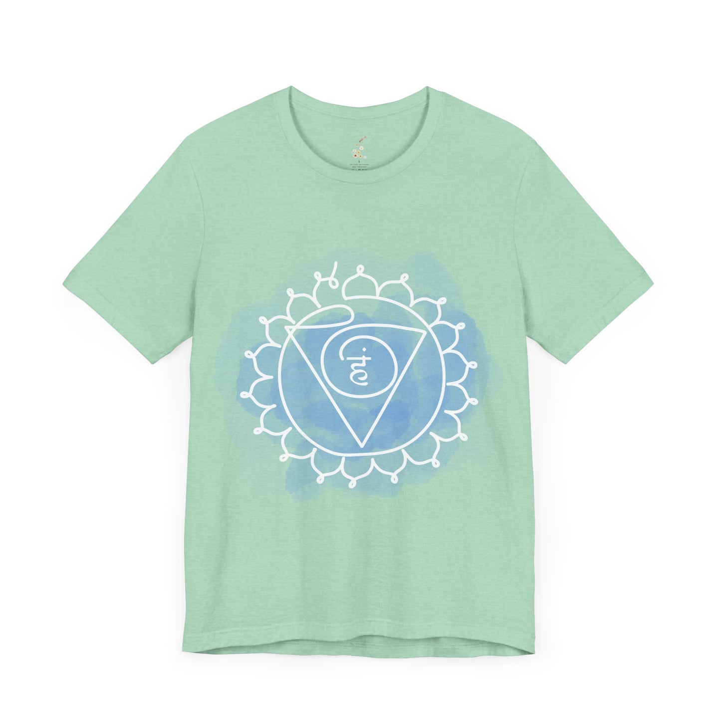 Heather mint Vishuddha Chakra t-shirt for clarity and open communication.