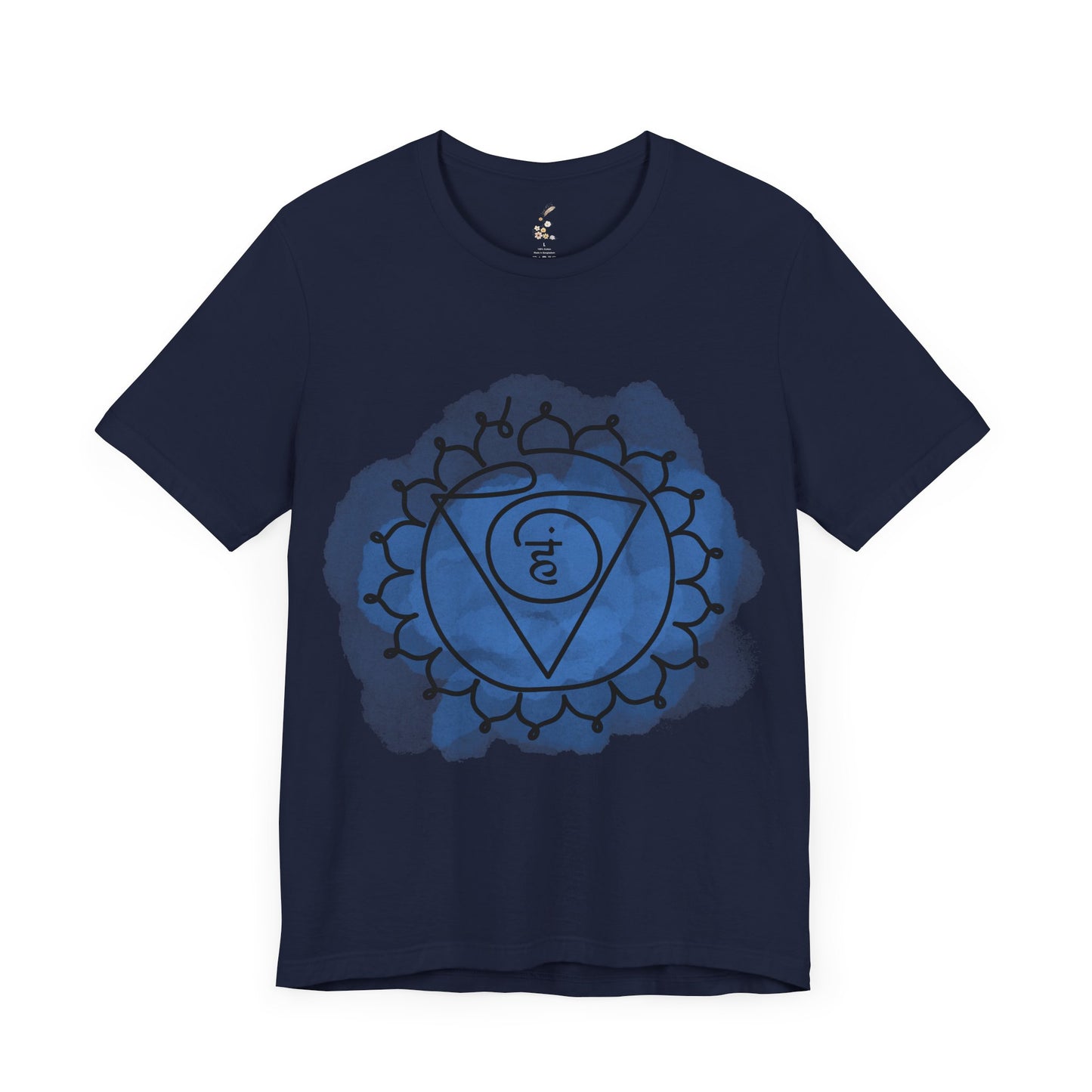 Navy Vishuddha Chakra t-shirt symbolizing communication and self-expression.