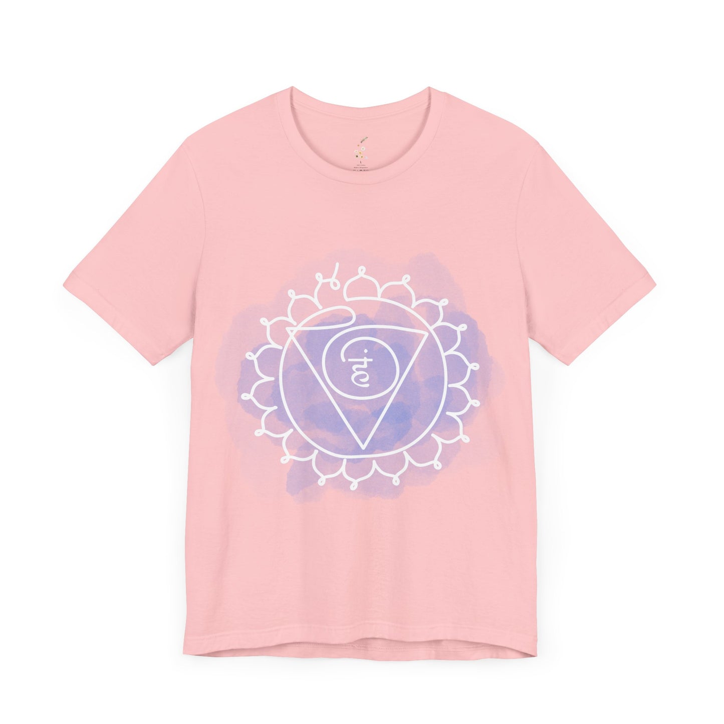 Light pink Vishuddha Chakra t-shirt representing clear expression and truth.