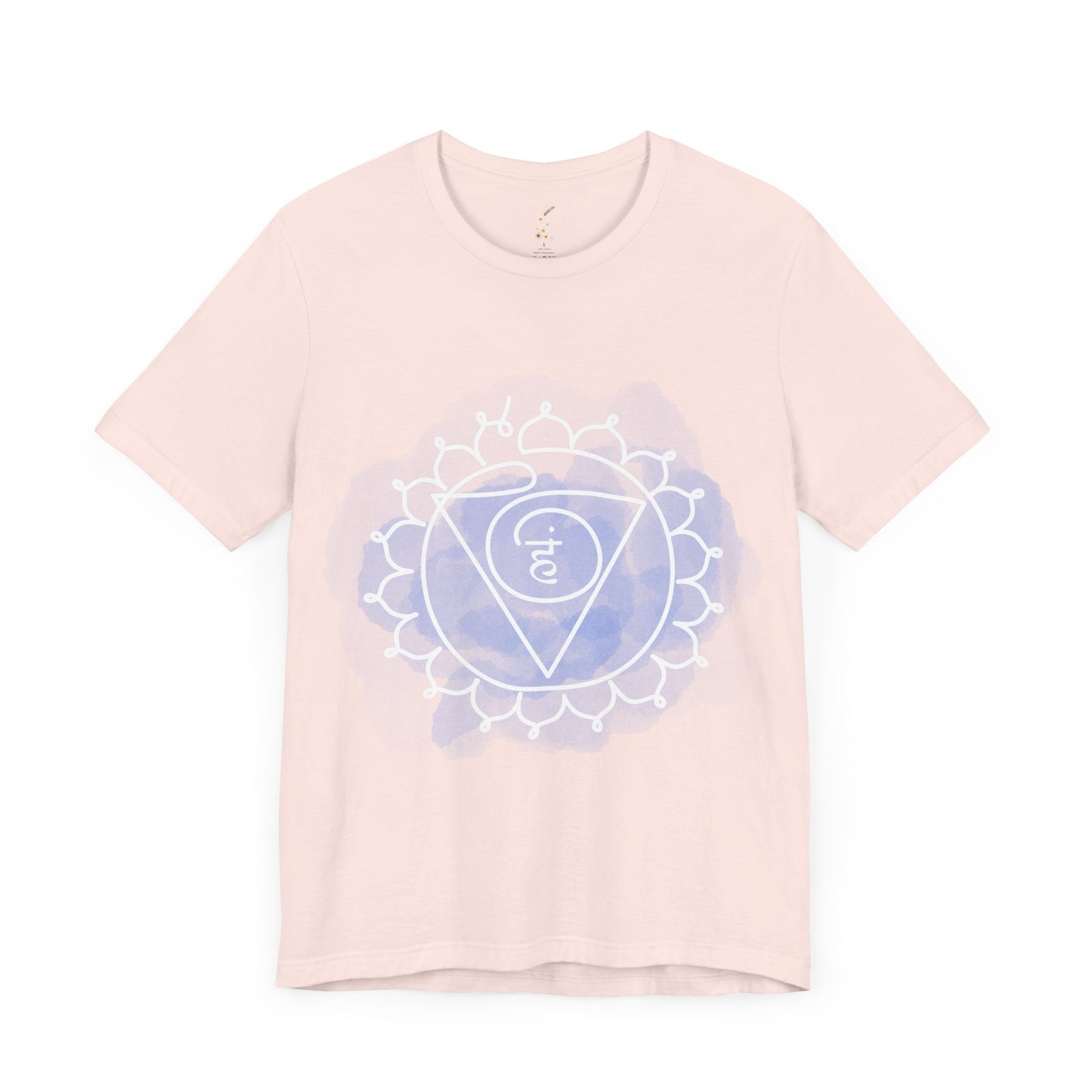 Soft pink t-shirt featuring Vishuddha Chakra symbolizing open communication.