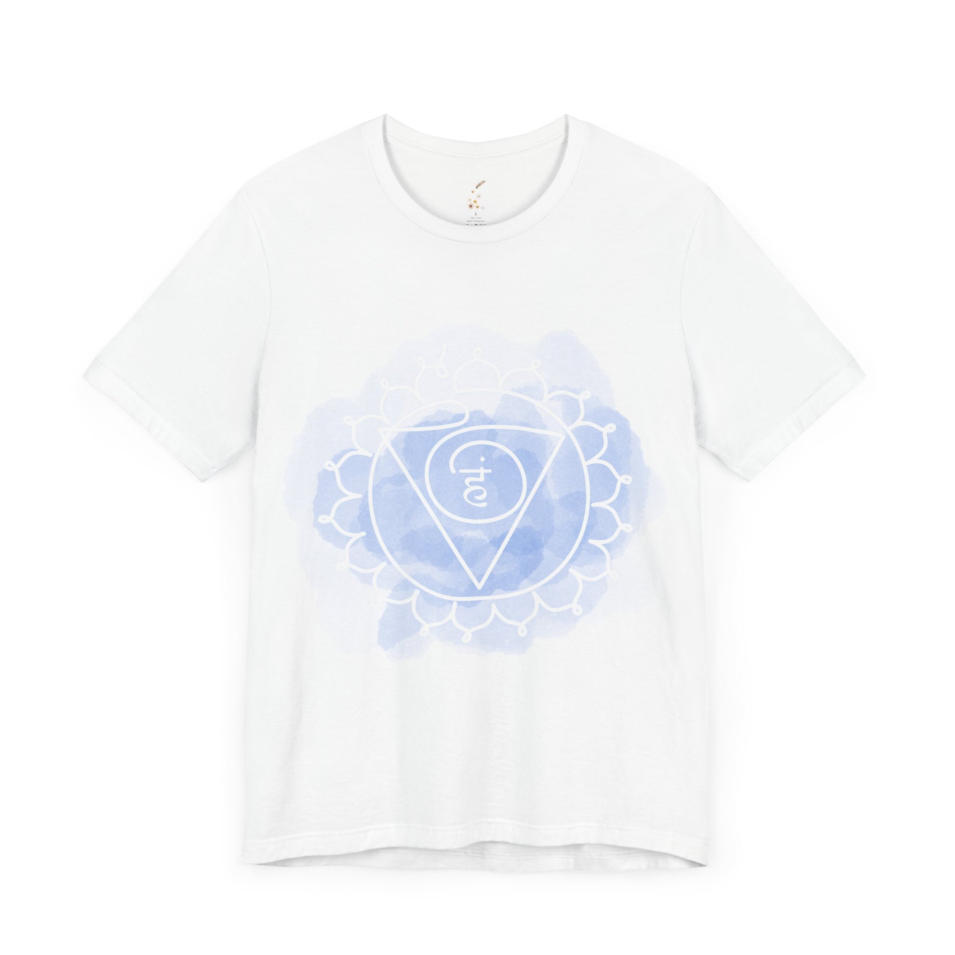 Unisex white Vishuddha Chakra t-shirt for self-expression and communication.