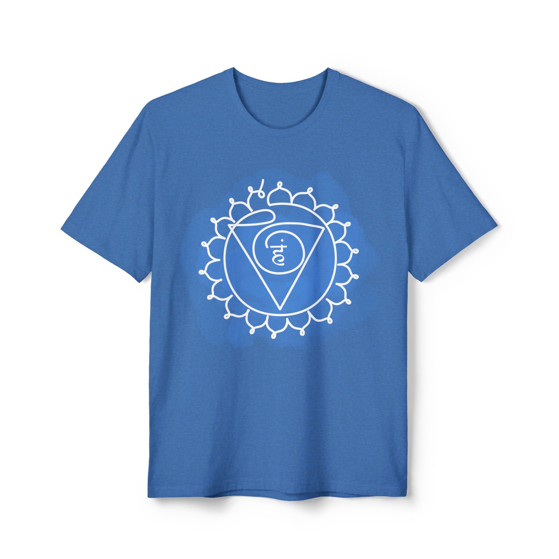 Side profile of the eco-friendly Vishuddha Chakra Unisex T-Shirt made from recycled cotton and polyester.