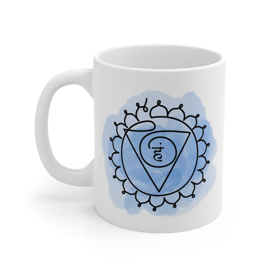 Front view of the Vishuddha (Throat) Chakra Mug in white ceramic, 11oz, ideal for coffee and spiritual practices