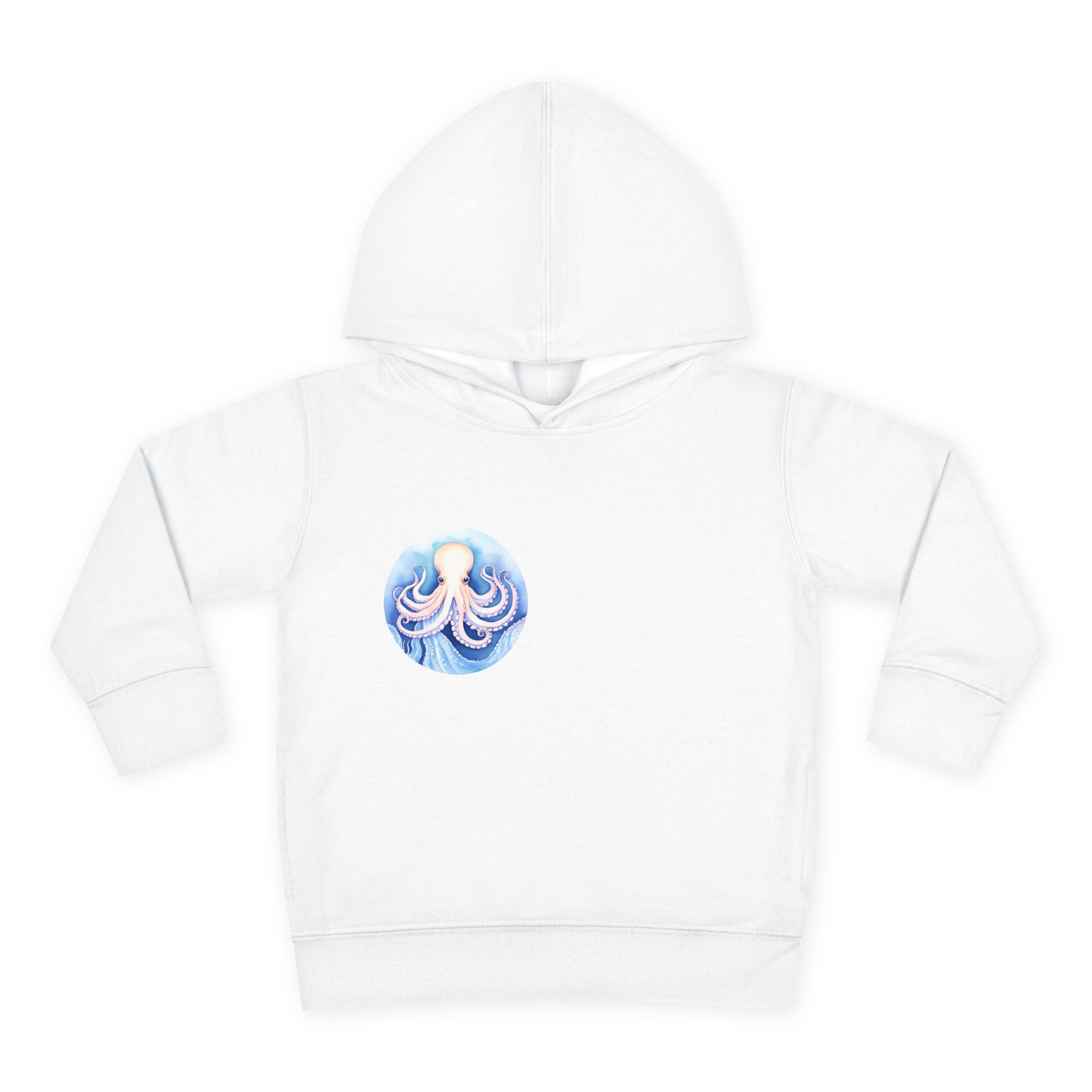 White hoodie for kids featuring a small octopus icon on the chest, casual and trendy.

