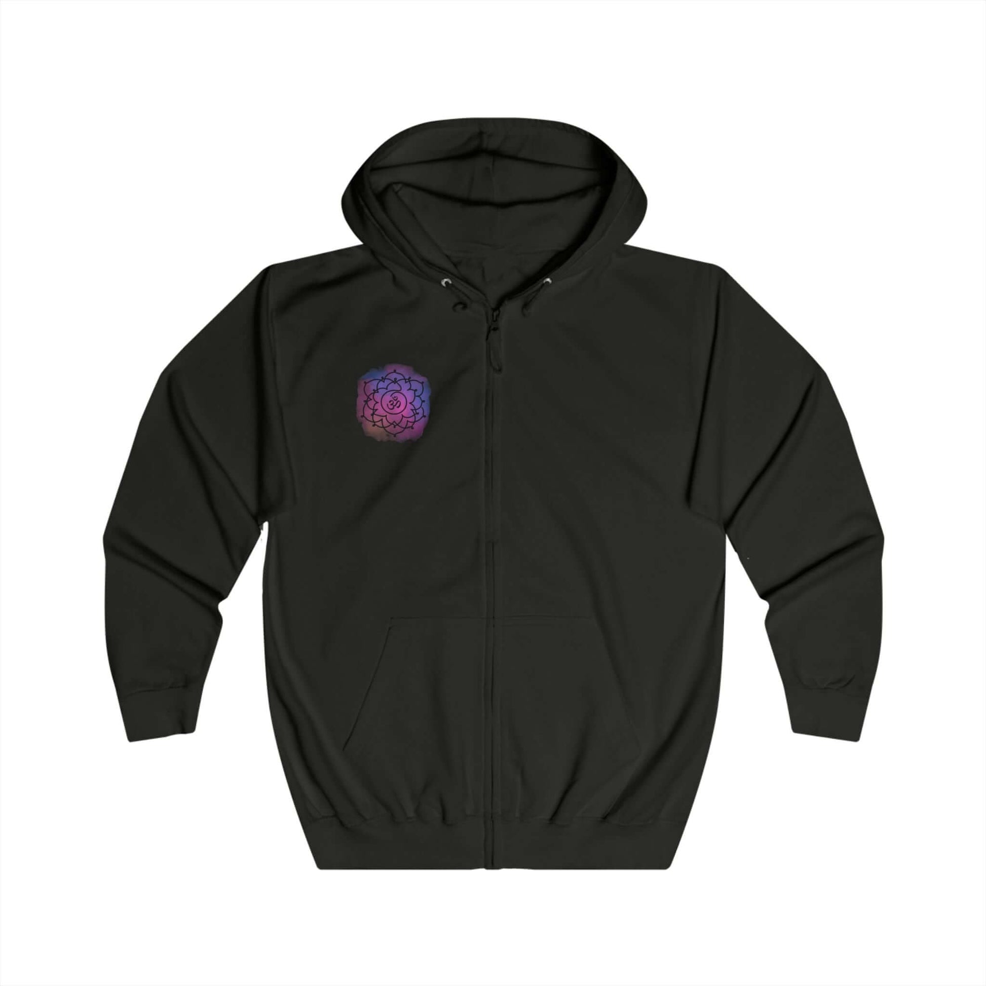 Sahasrara Chakra hoodie front view – unisex full-zip hoodie featuring a spiritual crown chakra design for yoga and meditation.