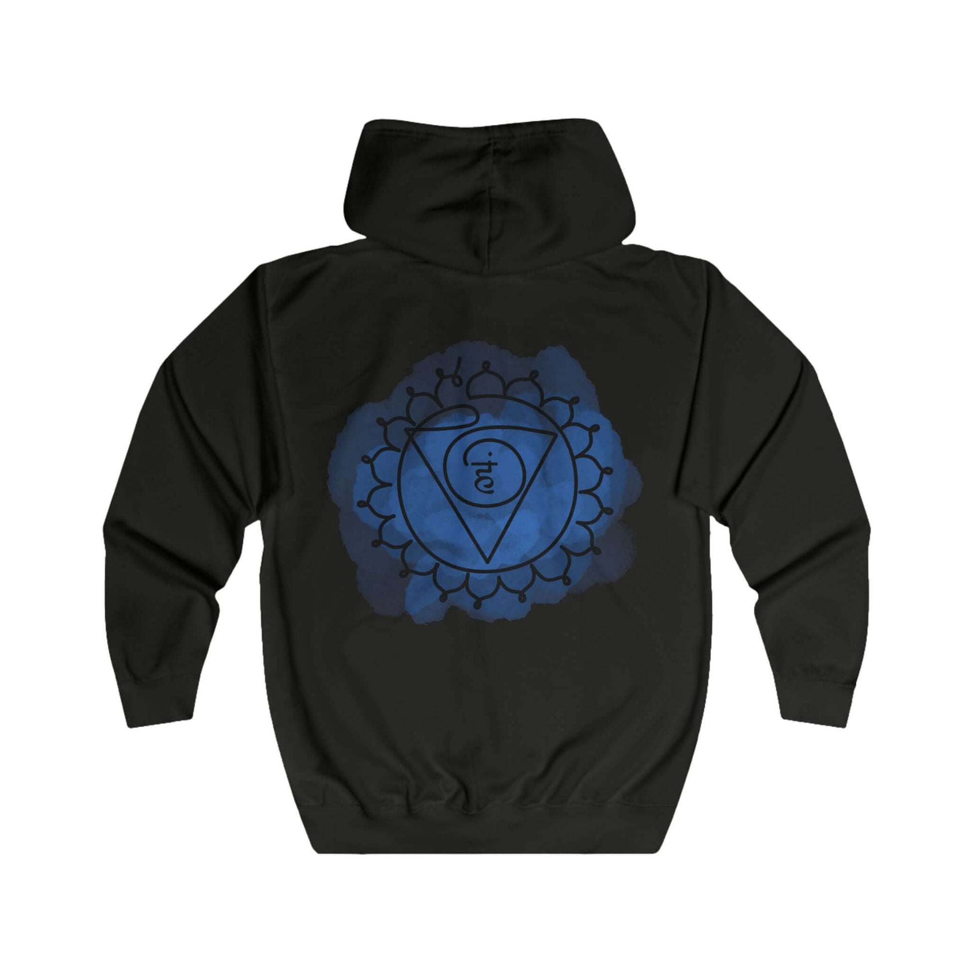 Back view of the unisex Vishuddha Chakra Hoodie, showcasing the comfortable loose fit and spiritual chakra design.